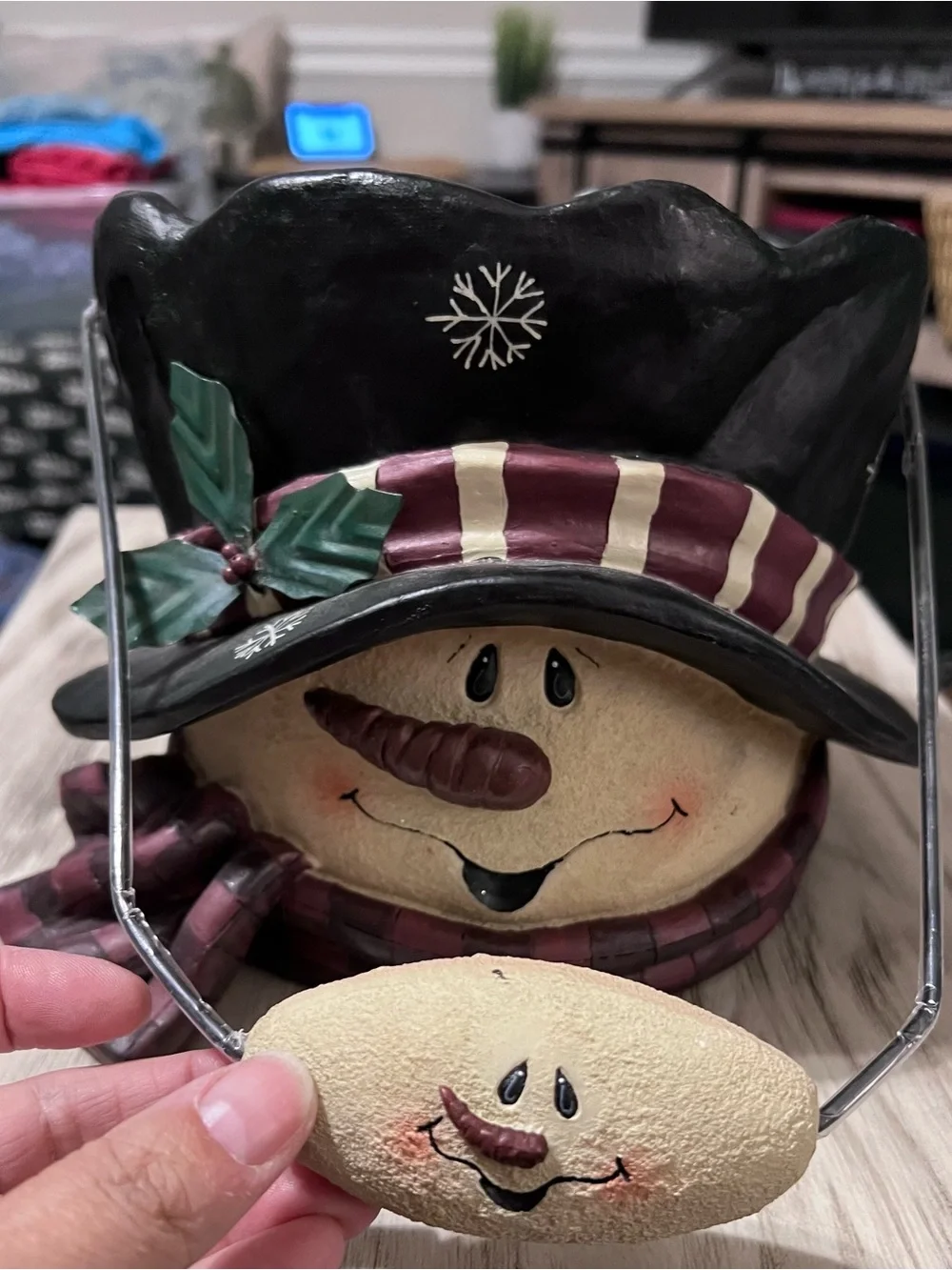 Crazy Mountain Woodworks Snowman Hat Ceramic Basket Christmas Candy Bucket Holid